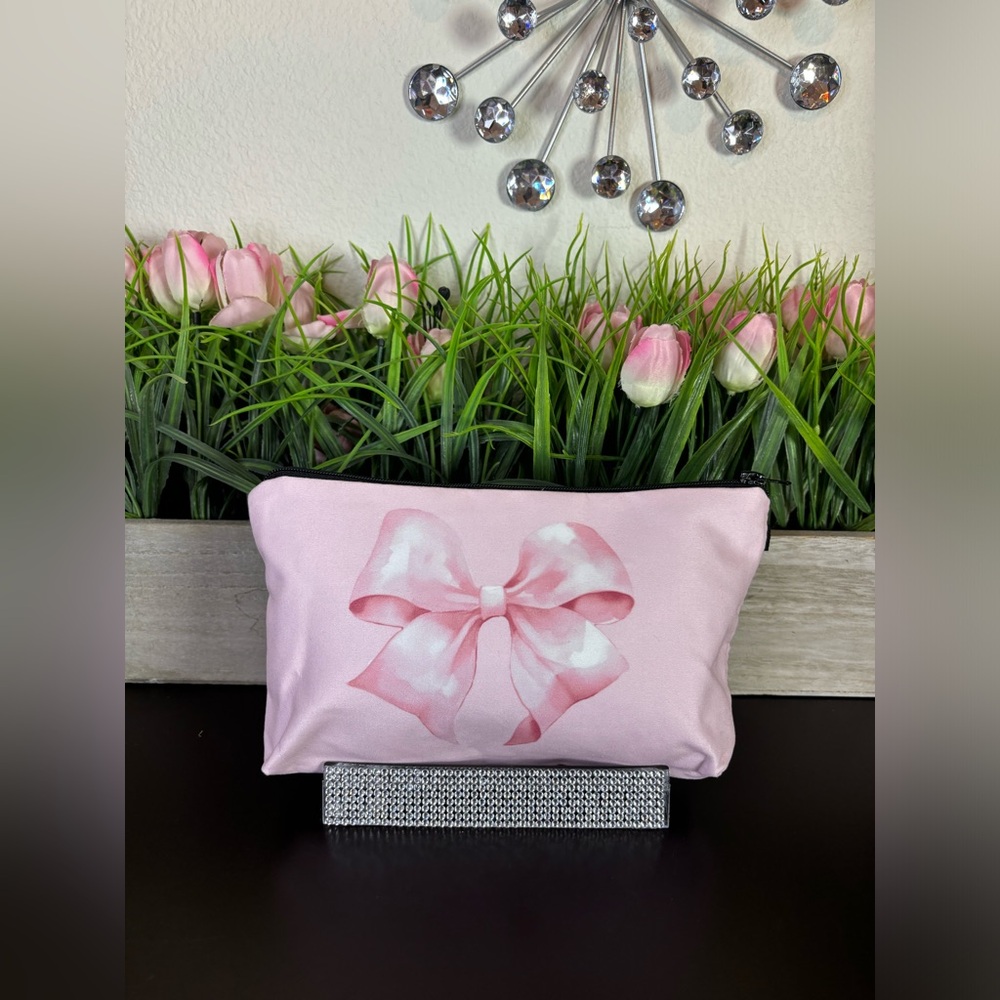 New STUFFED  Boutique Pink Bow Print Cosmetic,Organizer, Multi Purpose Pouch Bag